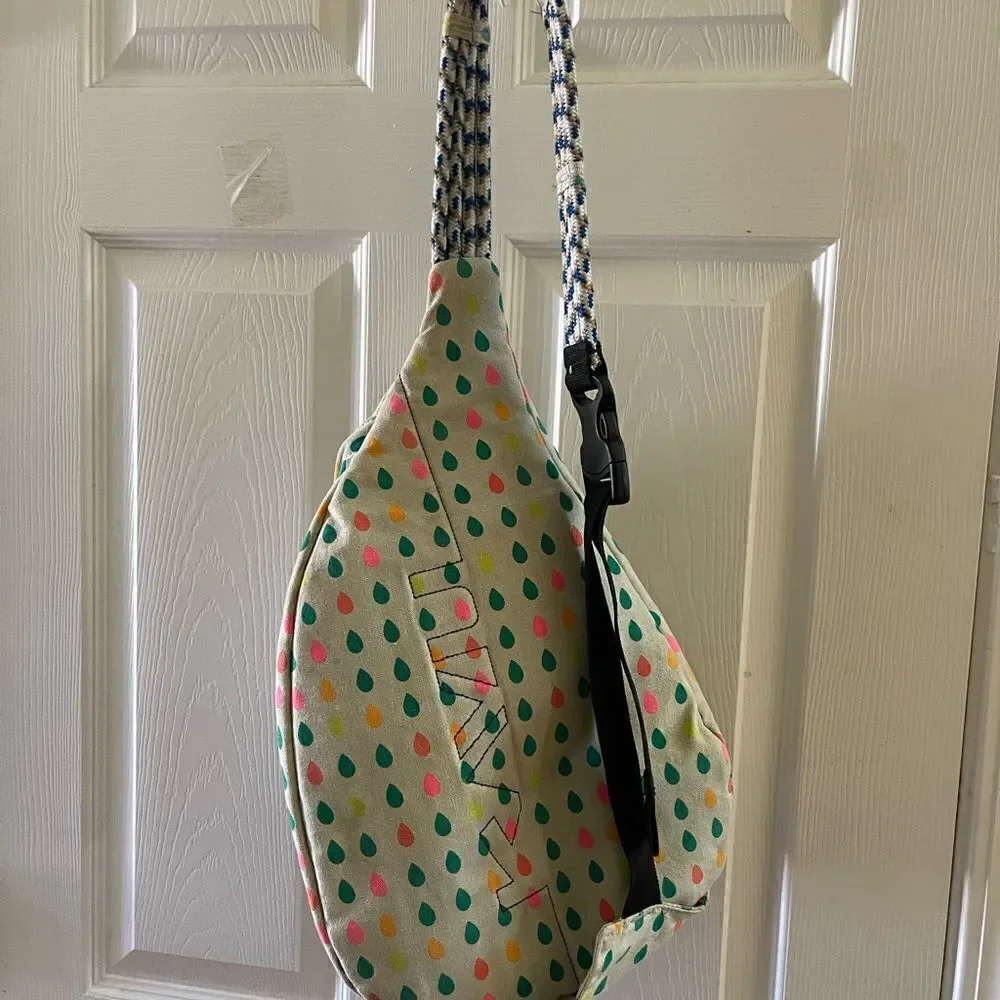 KAVU Rope Sling Backpack Canvas Beige Retro Muted Rainbow Raindrops